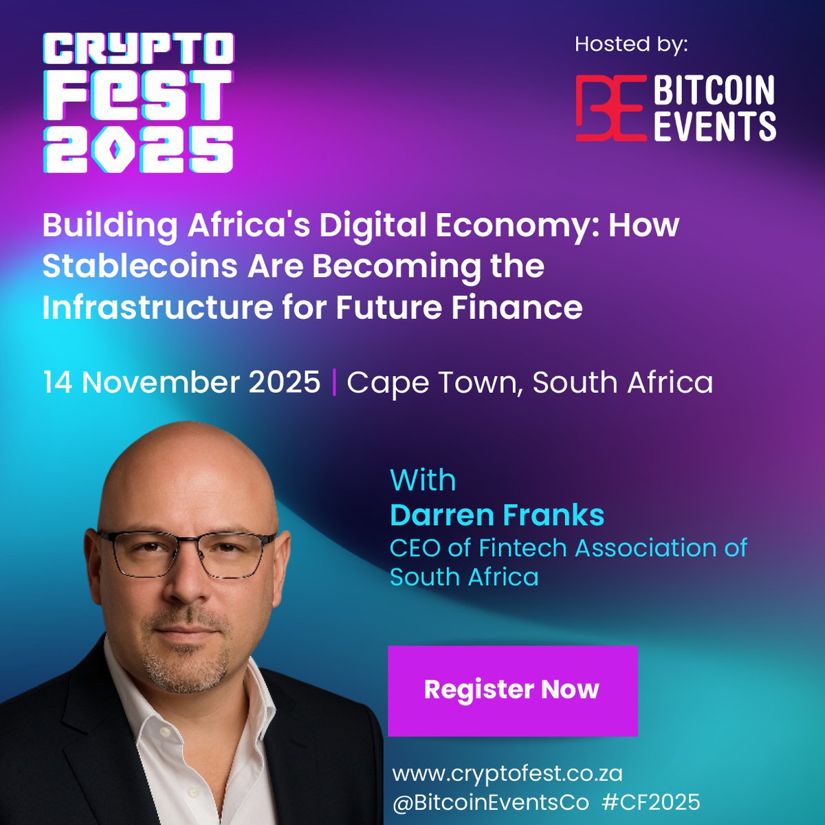 BitcoinEventsCo's tweet photo. 🔥Speaker Spotlight: Darren Franks🔥

We are excited to welcome @franksy_franks, CEO of the @FinTech_ZA (FINASA), to the Crypto Fest 2025 stage!

With over 20 years of experience in fintech, banking, and innovation, Darren has become a decisive voice in shaping South Africa’s financial technology landscape. He is known for connecting industry stakeholders and translating emerging trends into practical frameworks for regulators and market participants.

One of Darren’s notable achievements is introducing the EZAR framework to the South African Reserve Bank (SARB), addressing interoperability challenges in the fintech sector and creating a foundation for banks, fintechs, and service providers to operate on a shared, forward-looking system. Through his work, Darren emphasizes technology as a driver of equity, access, and inclusion, helping South Africa build a resilient and innovative financial ecosystem.

Darren will be moderating the panel:
“Building Africa’s Digital Economy: How Stablecoins Are Becoming the Infrastructure for Future Finance”

This session will explore how stablecoins are transforming Africa’s digital financial infrastructure, offering faster, cheaper, and more efficient alternatives to legacy systems. Darren will share insights on the role of stablecoins in cross-border payments, instant settlement, unlocking working capital, and enabling transparent, efficient, and regulated financial systems.

Don’t miss this engaging discussion on why stablecoins are the financial rails of Africa’s digital future!

🔗Register Now: https://t.co/LowsC1c4Fp

#CryptoFest2025 #CF2025 #Stablecoins #DigitalEconomy #Fintech #Blockchain #Africa