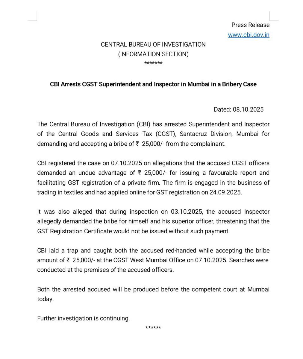 CBIHeadquarters's tweet image. CBI Arrests CGST Superintendent and Inspector in Mumbai in a Bribery Case