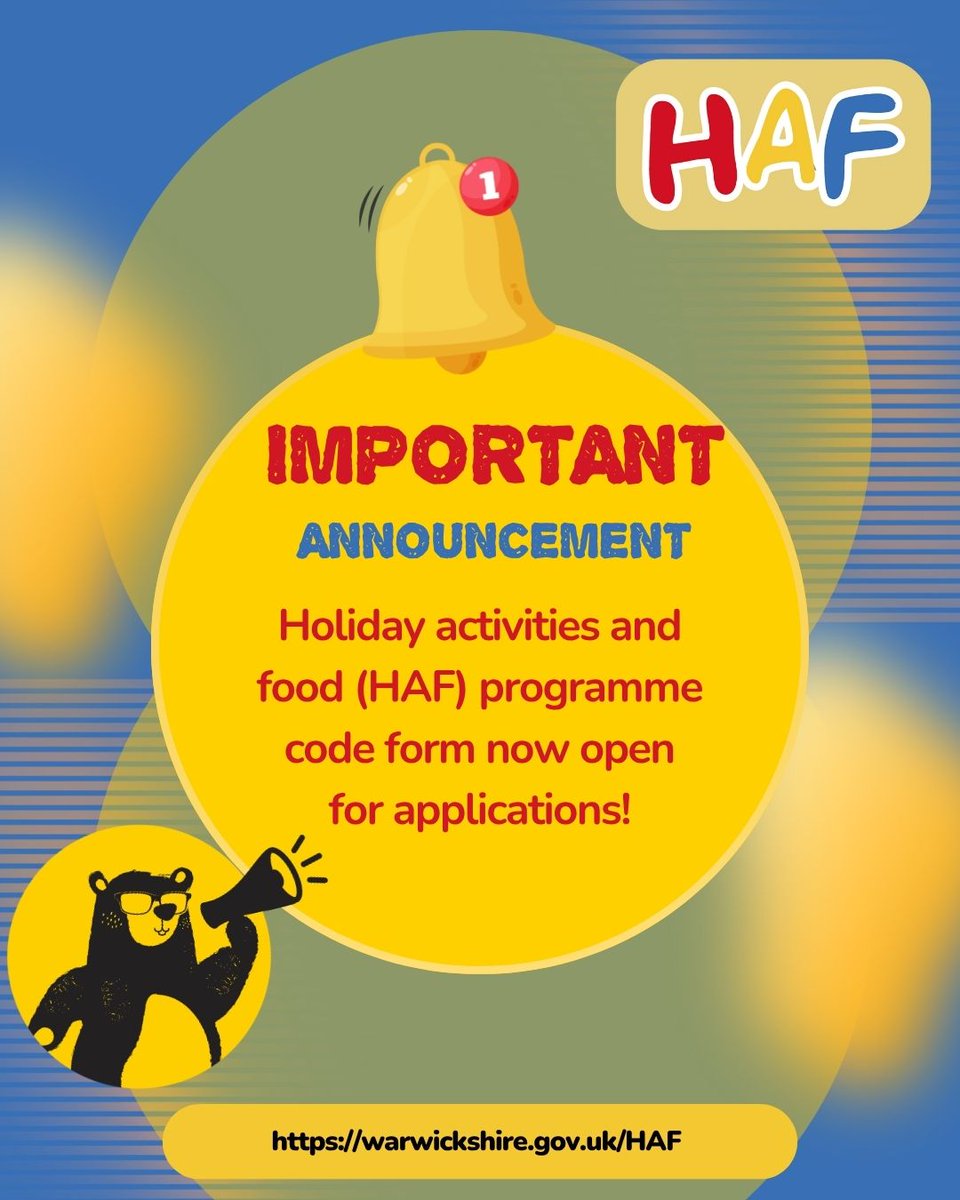 Holiday activities and food (HAF) programme code form now open for applications!

Families receiving benefits-related free school meals who are new to HAF can apply for a code to access the programme via the holiday activities and food website: orlo.uk/mWj1L