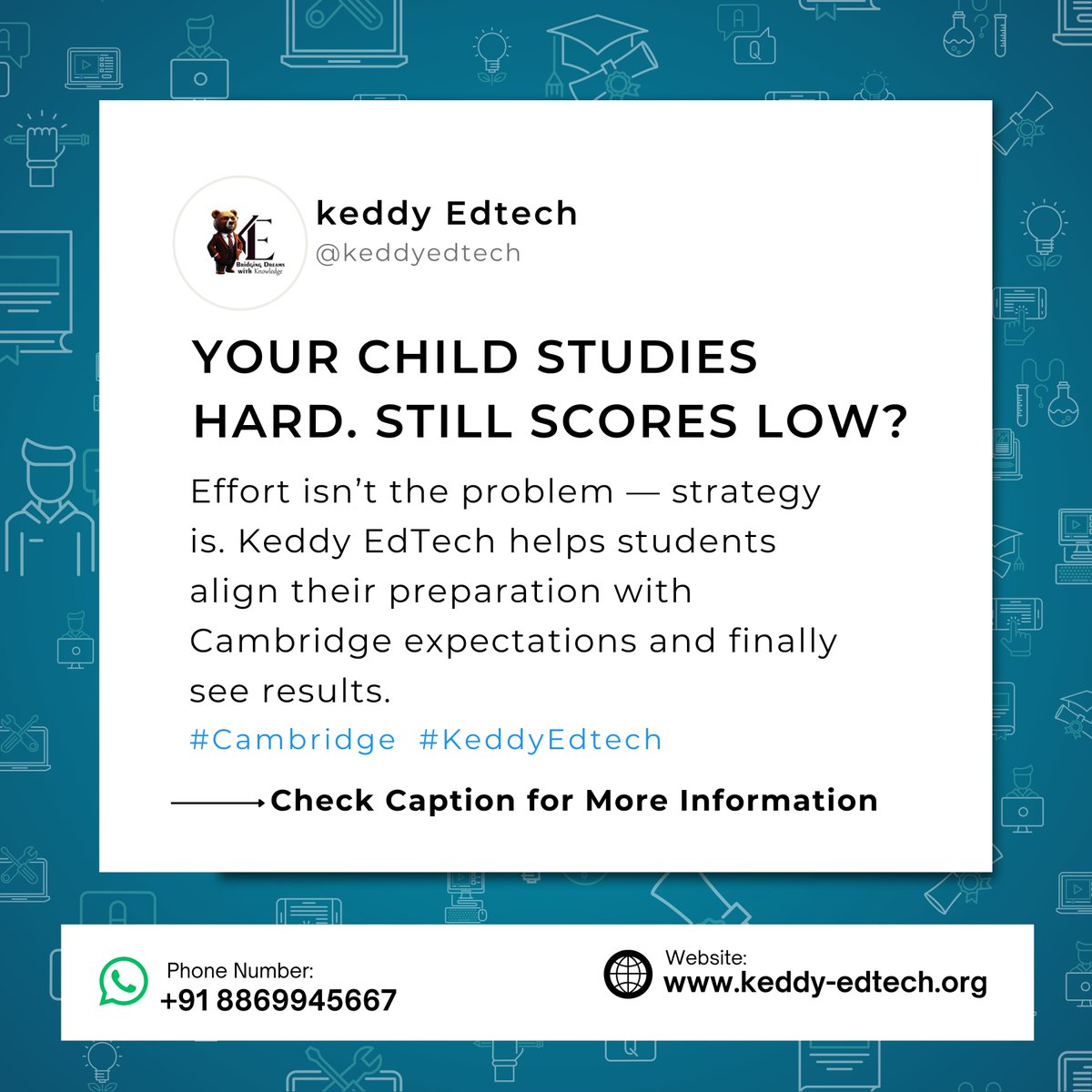 KeddyEdtech's tweet image. Your child studies hard—but still scores low?  Effort isn’t the issue. Strategy is. Keddy EdTech helps students align with Cambridge expectations and finally see results.

🔗 keddy-edtech.org/contact-us  #CambridgeExams #KeddyEdTech #StudySmart #IGCSEPrep #parentingtips