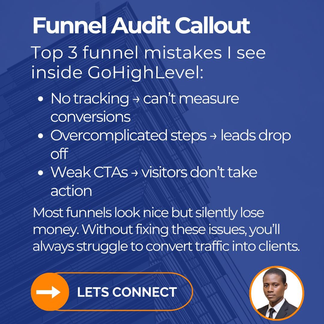 PeterSamue68242's tweet image. Funnel Audit Callout
After auditing dozens of GoHighLevel setups, I keep seeing the same costly mistakes:
Overcomplicated steps → prospects drop off
Even the best-looking funnels can quietly bleed revenue.
Let’s Connect →
#GoHighLevel #FunnelOptimization #MarketingStrategy