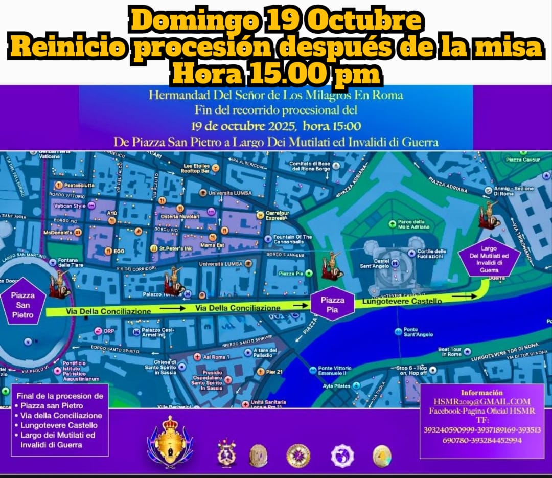 embaperuva's tweet image. 🇵🇪✝️Una Gran Procesión Internacional del Señor de los Milagros se celebrará en Roma el 18 y 19 de octubre de 2025 por el #Jubileo2025. Organizada por la Hermandad del Señor de los Milagros en Roma con apoyo de la Embajada del Perú ante la Santa Sede, contará con la participación…