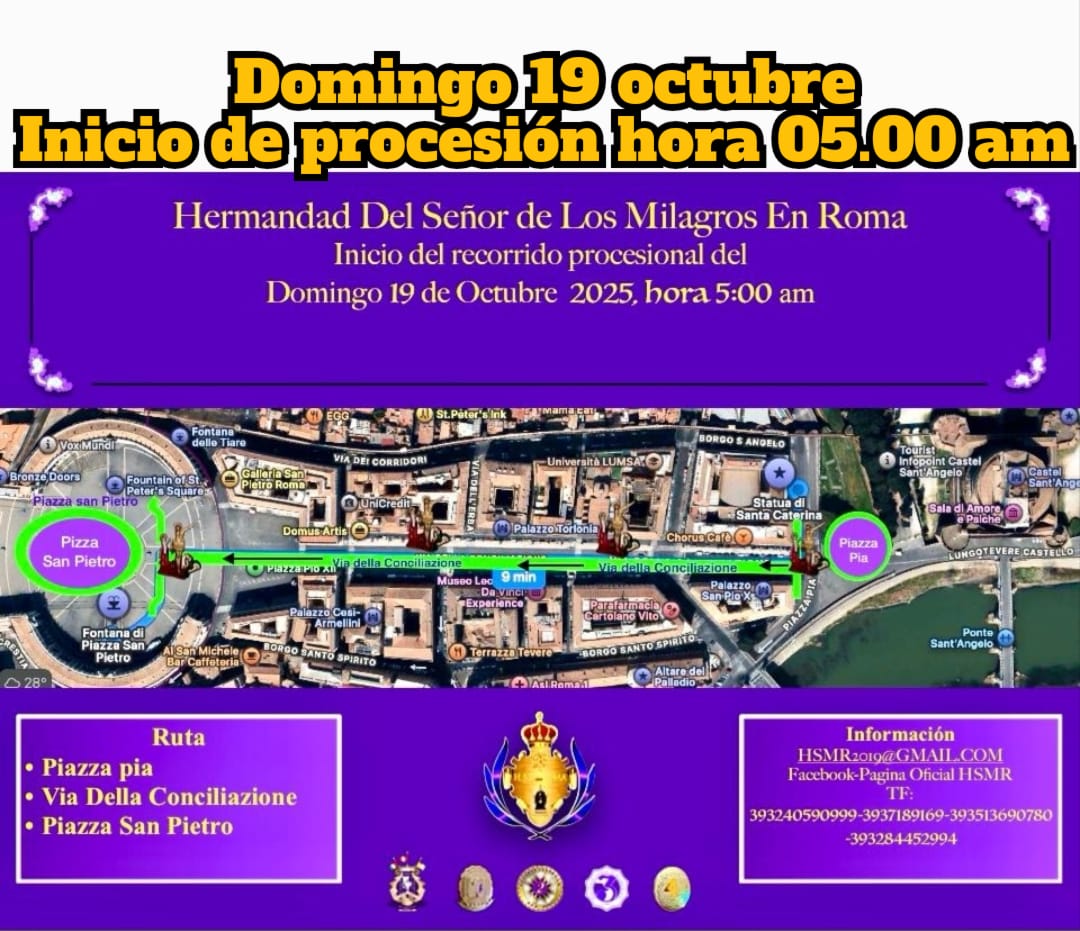 embaperuva's tweet image. 🇵🇪✝️Una Gran Procesión Internacional del Señor de los Milagros se celebrará en Roma el 18 y 19 de octubre de 2025 por el #Jubileo2025. Organizada por la Hermandad del Señor de los Milagros en Roma con apoyo de la Embajada del Perú ante la Santa Sede, contará con la participación…