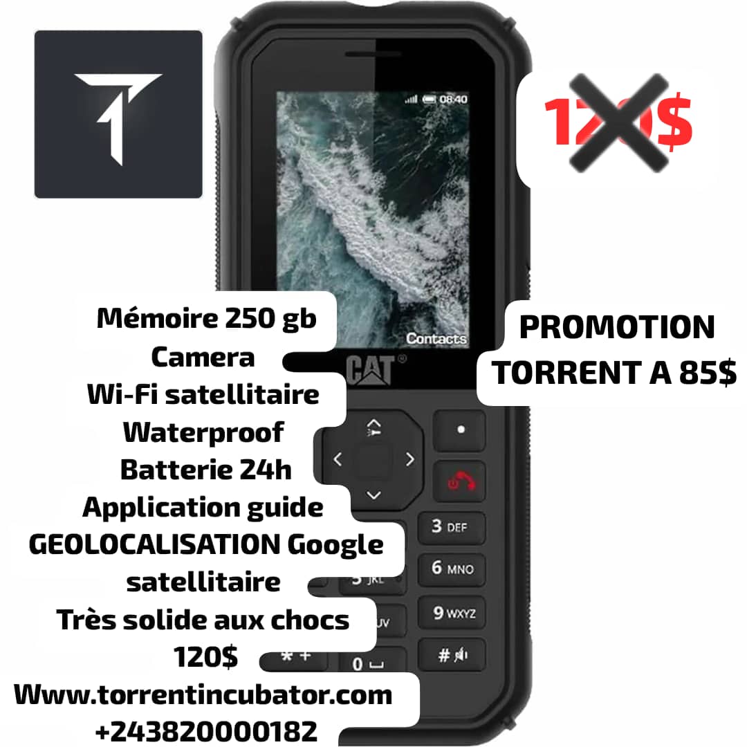 incubator243's tweet photo. [OFRRE TORRENT]

Téléphone avec 250gb, wi-fi satellitaire, waterproof,batterie 24h,Application guide, géolocalisation Google satellitaire très solide aux chocs à 85$.
Contact: https://t.co/Zxig9p1sjP
@elonmusk @georges_kakule @FECRDC @SergioMayamba @Starlink https://t.co/INklhD9Ayi