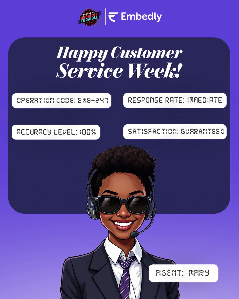 useembedly's tweet image. At Embedly, every customer interaction is a mission.

Your trust and feedback remind us why we do what we do and inspire us to serve better, faster, and smarter.

Happy Customer Service Week from all of us at Embedly 💜

#Embedly #HappyCustomerServiceWeek #MissionPossible