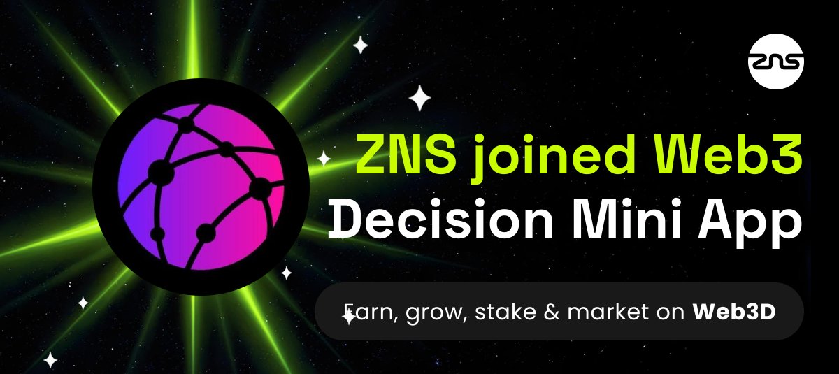 ZNSConnect's tweet image. ✨Have you heard of it? 

The future of on-chain identity just expanded — ZNS x @web3decision is here!🚀

ZNS has officially joined the @web3decision Mini App!

Real tasks. Real rewards. Real identity. 🌍 A new era for decentralized engagement begins.

Earn, grow, stake &amp;amp; market…
