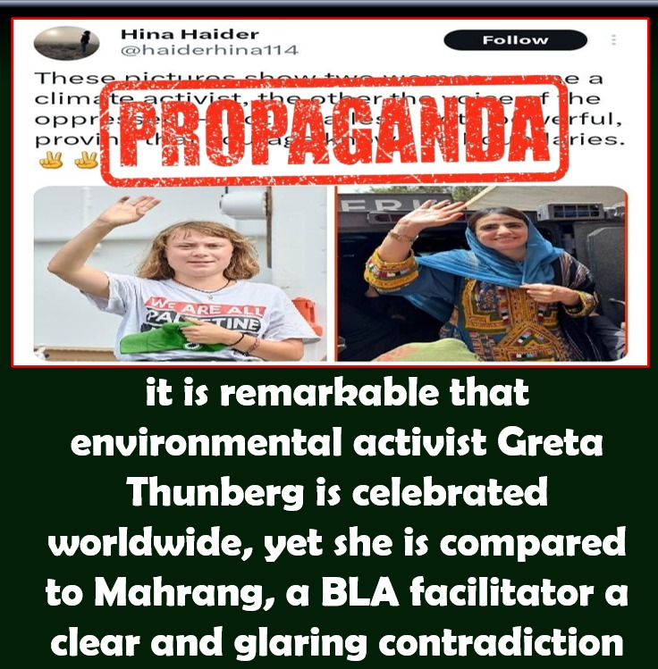 Kareema_Zehri's tweet photo. It is remarkable that environmental activist Greta Thunberg is celebrated worldwide, yet she is compared to Mahrang, a BLA facilitator a clear and glaring contradiction
#RealActivismNotTerror
#PeaceForBalochistan
#StopBLADeception
#ExposeThePropaganda https://t.co/jwL30JUTOb