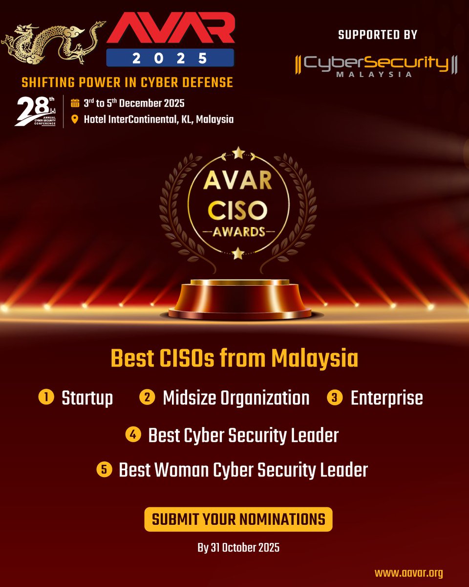 The CISO awards at AVAR 2025 will recognize the most impactful cyber security leaders from Malaysia!

Nominate a cyber security practitioner (or nominate yourself) for the award at: docs.google.com/forms/d/e/1FAI…

#CISOAwards #AVAR2025 #CyberSecurityLeadership #CyberSecurityMalaysia