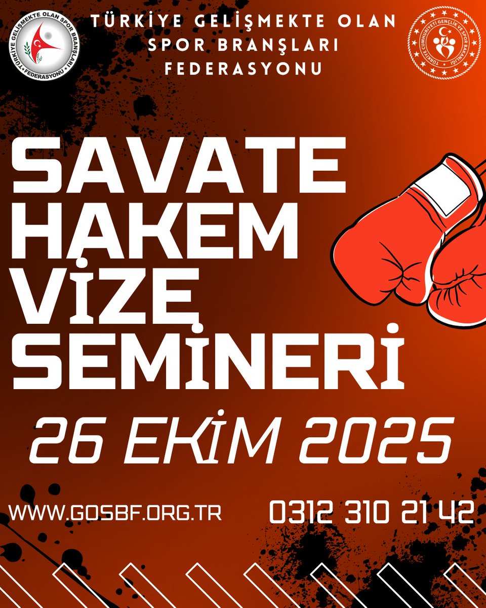 Savate Hakem Vize Semineri 26 Ekim 2025 tarihinde İstanbul ili Pendik ilçesinde gerçekleştirilecektir. 

Seminere dair detaylara resmi web adresimiz üzerinden ulaşabilirsiniz.
<a href="/OA_BAK/">Dr. Osman Aşkın Bak</a> 
<a href="/hamzayerlikaya/">Hamza Yerlikaya 🇹🇷</a> 
<a href="/fjuysal/">Fatih UYSAL</a> 
<a href="/gencliksporbak/">Gençlik ve Spor Bakanlığı 🇹🇷</a> 
<a href="/GSBsporgm/">Spor Hizmetleri Genel Müdürlüğü</a>