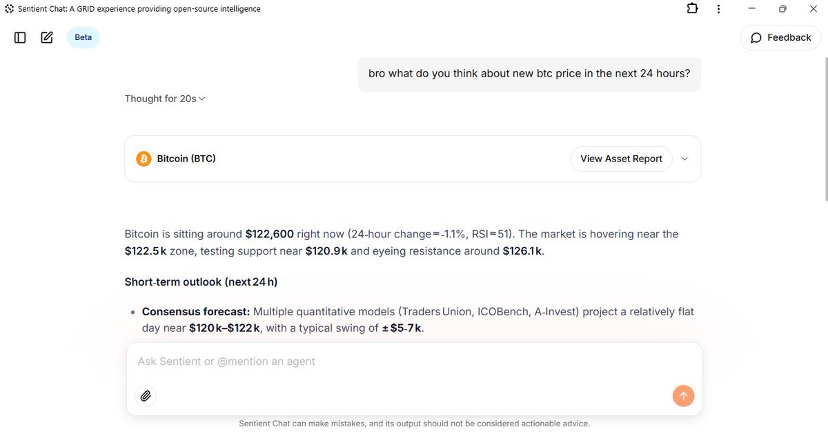 0x_zachh's tweet image. I asked @SentientAGI Grid about what he thinks about $BTC price in the next 24 hours 

After giving alot of good analysis, the grid AI said &quot;The most likely outcome is a relatively flat day around $120 k, with a potential swing of ± $10‑$15 k if macro catalysts (Fed decision,…