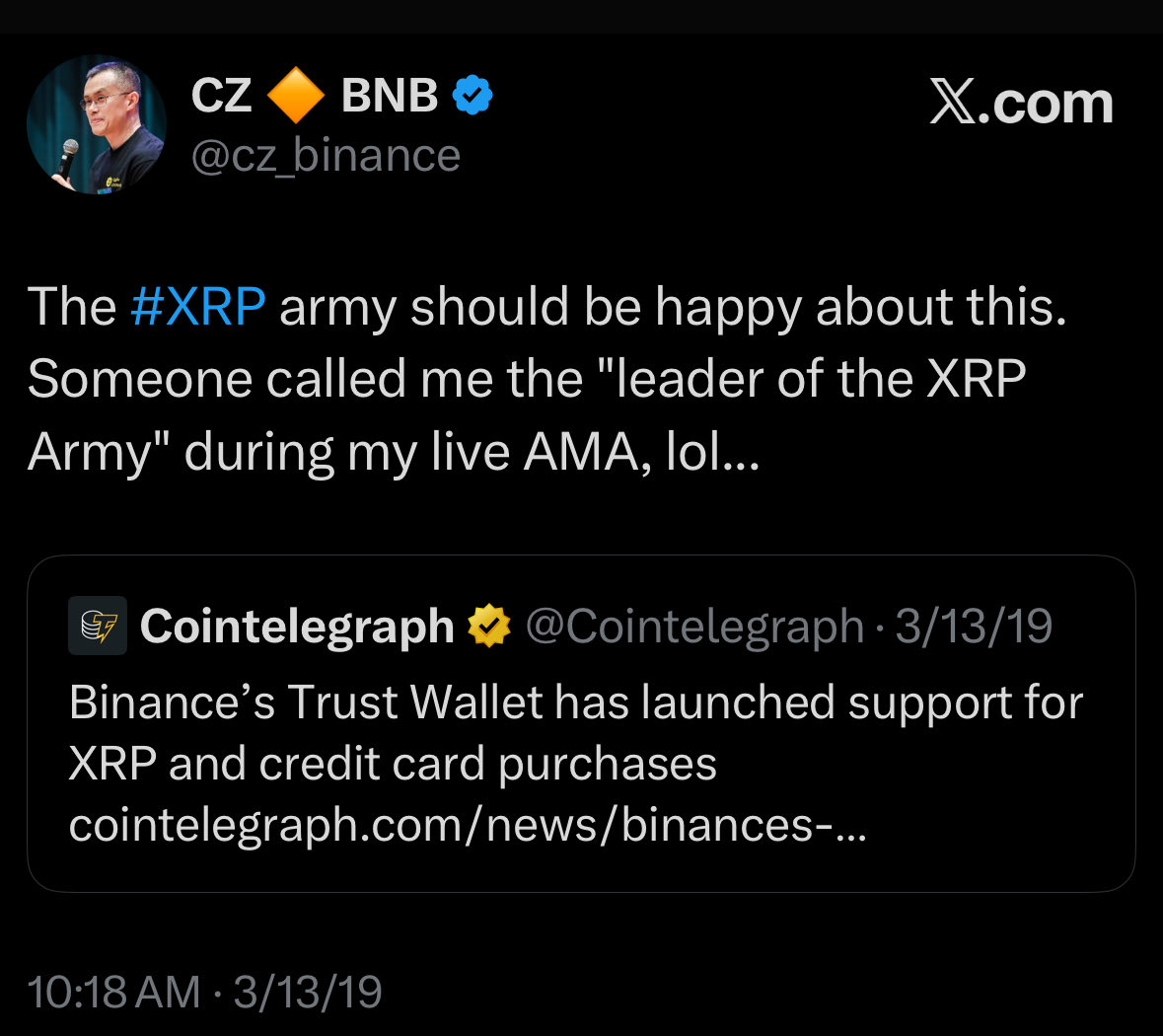 clovermic's tweet photo. CZ is quietly stacking xrp. He is smart. He bought bitcoin early. He can see xrp's potential. $xrp $bnb https://t.co/MXbzb8vEQf