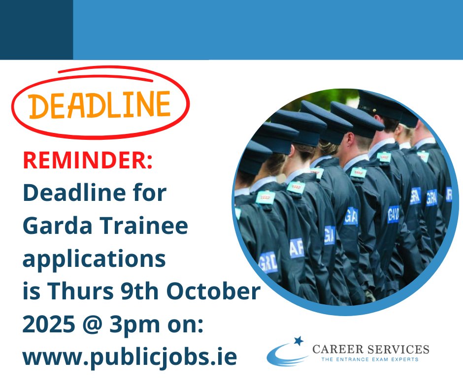cspreparation's tweet photo. 🚨REMINDER!🚨

The Garda Recruitment Application Deadline is TOMORROW - Thur, 9th Oct at 3PM

✅ If you're applying, Stage 1 Aptitude Tests are the next big step… and they’re tough.

Get prepared the right way with our expert Garda Preparation!

👉 https://t.co/z41AWX24S2 https://t.co/oTL65n0H0O