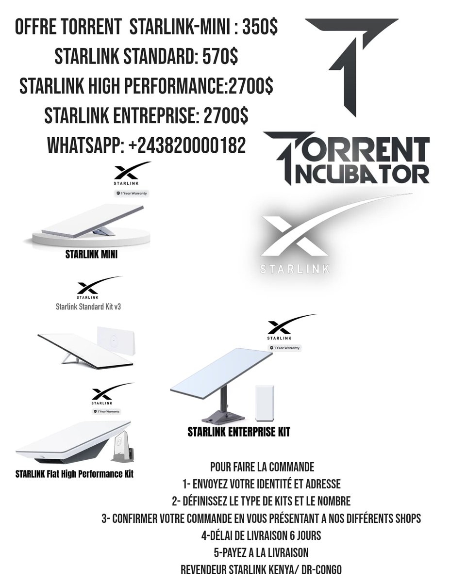 incubator243's tweet photo. [OFFRE TORRENT]
1. @Starlink -Min:350$
2. @Starlink standard :570$
3. @Starlink entreprise:2700$.
#CONTACTS :+243820000182/www.torrenticubator.com
@elonmusk @Tesla_AI @neuralink @georges_kakule @premidisrdc @FECRDC @benjimk @SergioMayamba #KasGold @RFWilding https://t.co/hmWumJYfyJ