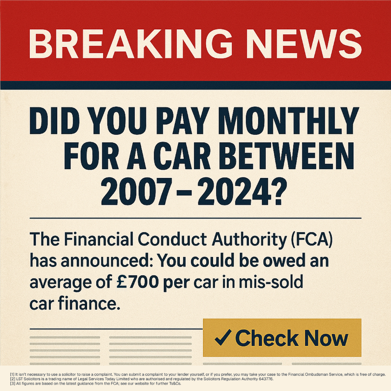 LSTSolicitors's tweet photo. 🚨 BREAKING: No paperwork needed. 

We’ll find all your car finance agreements back to 2007 and check for a claim. If yours was affected, you could get up to £950* per agreement.