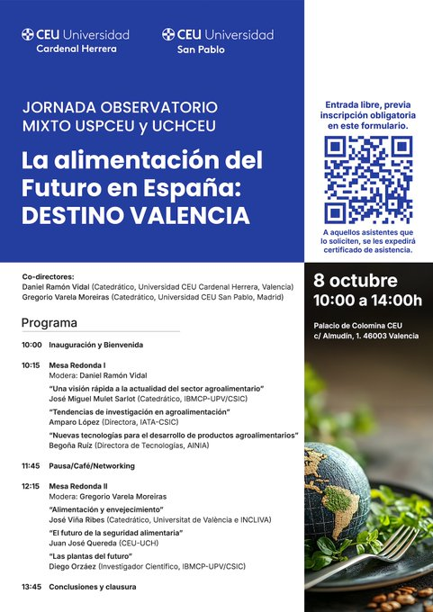 ¿Cómo será la #alimentación del futuro🍊🚀?

El Observatorio Mixto <a href="/USPCEU/">Universidad CEU San Pablo</a>-<a href="/uchceu/">Universidad CEU UCH</a> reúne en Valencia a 8 expertos de <a href="/IBMCP/">IBMCP - Instituto de Biología Molecular y Celular</a>-<a href="/UPV/">Universitat Politècnica de València</a>-<a href="/CSIC/">CSIC</a>, <a href="/ainiatecnologia/">ainia</a>, <a href="/iata_csic/">IATA CSIC</a> e <a href="/incliva_iis/">INCLIVA</a> 

Una jornada organizada por los catedráticos Gregorio Varela y Daniel Ramón
medios.uchceu.es/actualidad-ceu…