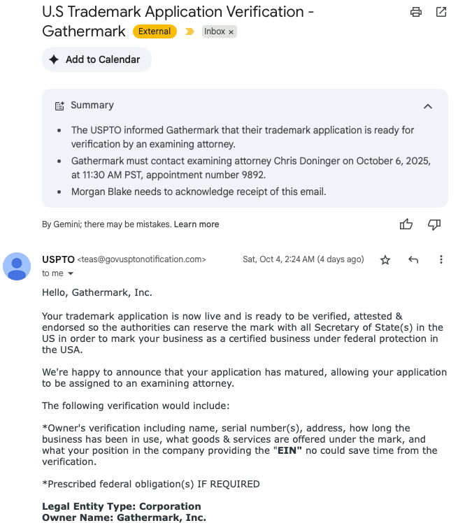 Nothing can prepare you for the immediate onslaught of scams that follow filing for a trademark. The inclusion of public and personalized application details makes it even more dangerous. Gemini summary of the scam email is a nice bonus.