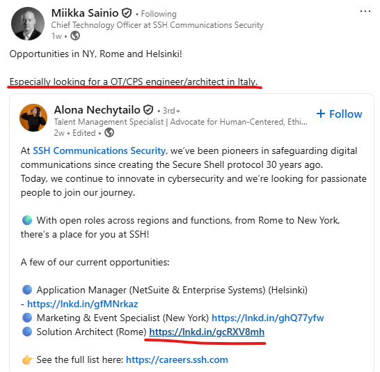 🇫🇮 SSH &amp; Leonardo

"Especially looking for a OT/CPS engineer/architect in Italy."

"You will also work closely with our strategic partner and major shareholder, Leonardo S.p.A., a global leader in Aerospace, Defence, and Critical National Infrastructure."

#SSH