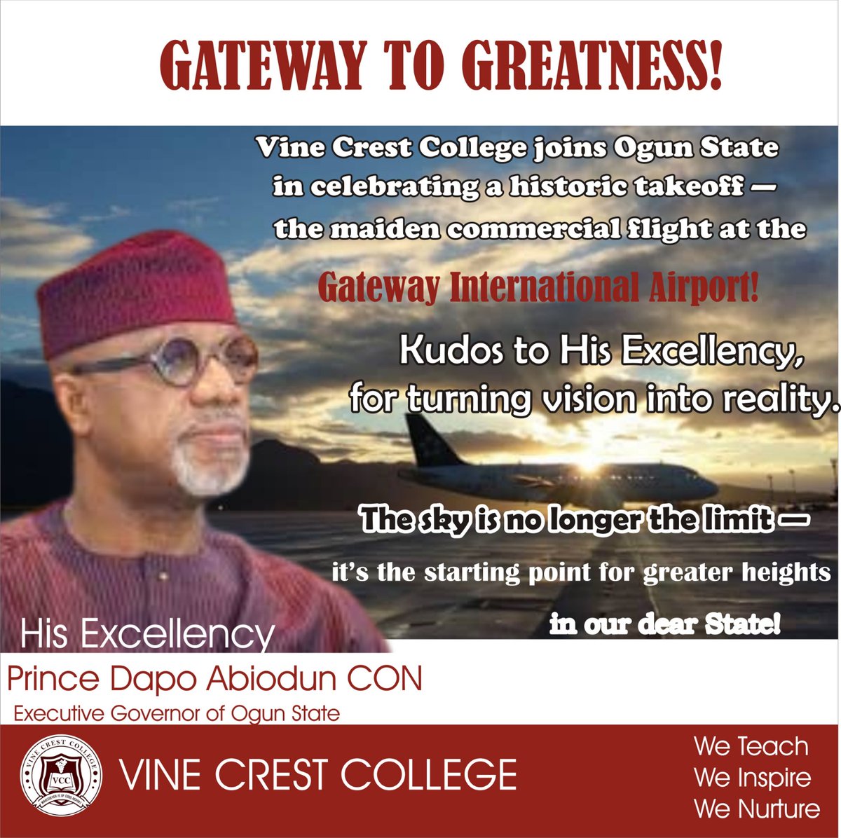 CrestVine's tweet photo. 𝑭𝑬𝑳𝑰𝑪𝑰𝑻𝑨𝑻𝑰𝑶𝑵! 🎉✈️

The Board, Management, Staff &amp; Students of Vine Crest College, Ìpẹ̀rù-Remo rejoice with H.E. Prince Dapo Abiodun, CON &amp; the people of Ogun State on the historic take-off of commercial flights @ Gateway International Airport, Ìpẹ̀rù-Remo! https://t.co/eUiTJSoYhl