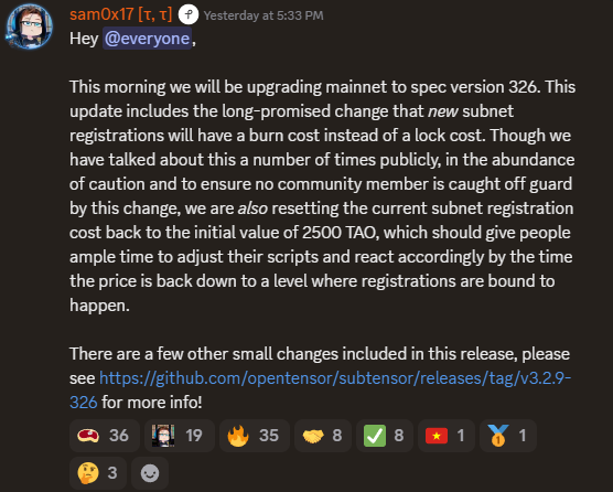 firsttensor's tweet photo. From now on, when someone registers a new Bittensor subnet, they will burn $TAO instead of locking it.

To make things fair, OTF are also resetting the subnet registration cost back to 2500 TAO, so people have time to prepare. https://t.co/qXmsdLNRVR