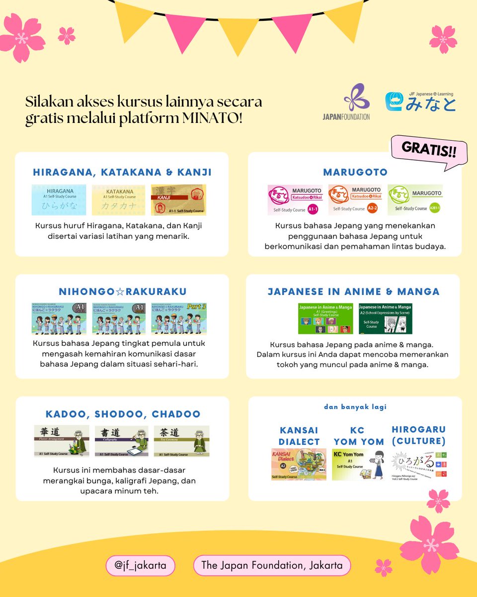 JF_Jakarta's tweet image. Kursus Belajar Sendiri dibuka!
Marugoto A2-3 dan A2-4 (Katsudoo & Rikai)
Dapatkan e-sertifikat!
Akses pembelajaran ini secara gratis melalui:
A2-3 > minato-jf.jp/CourseDetail/I…
A2-4 > minato-jf.jp/CourseDetail/I…
Kursus mandiri lainnya:
minato-jf.jp