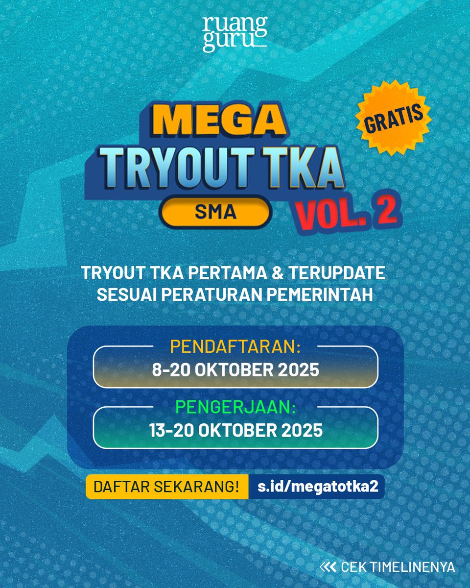 ruangguru's tweet photo. MEGA TRYOUT TKA RUANGGURU HADIR KEMBALI KHUSUS UNTUK JENJANG SMA MENUJU UJIAN DESEMBER NANTI 🔥
#MegaTORuangguru #TOTKA https://t.co/L07yfytOG3