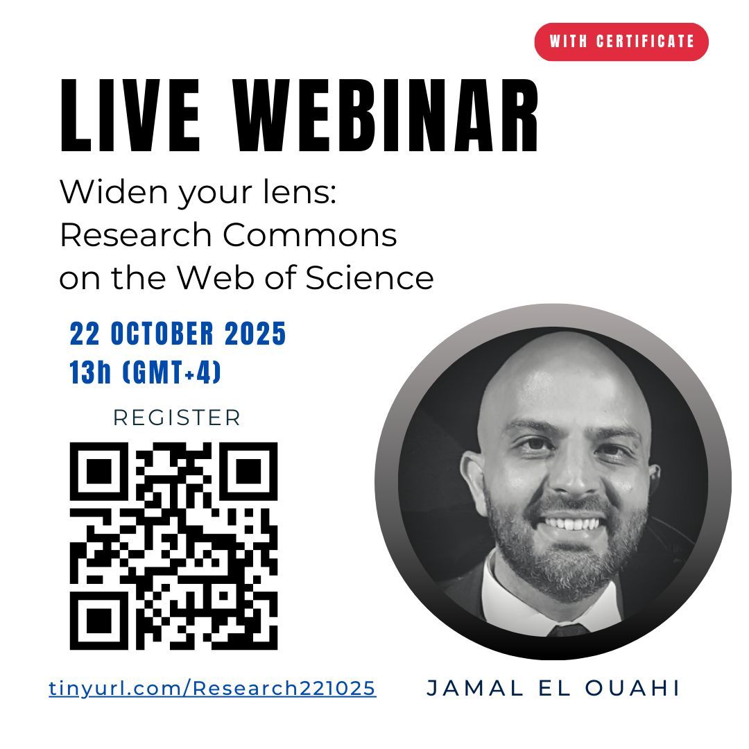 Jamaleo_'s tweet photo. Webinar Oct 22nd @ 13h (GMT+4) 

"Widen your lens: Research Commons on the Web of Science platform"
Register: https://t.co/7xZrww2eeQ 

Important: Use your name in Latin characters + ensure your email is correct to receive the webinar link, certificate &amp; materials https://t.co/3s6CRPWR8P
