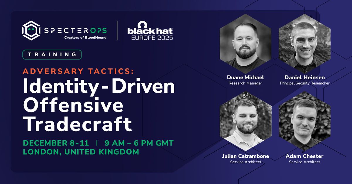 SpecterOps's tweet image. Identity = the new attack surface.

Our Identity-driven Offensive Tradecraft course teaches you to exploit auth mechanisms, cross tenants, and forge attack paths in hybrid environments.

Save your spot in this course at #BHEU. Register today! ghst.ly/4gXTQg3