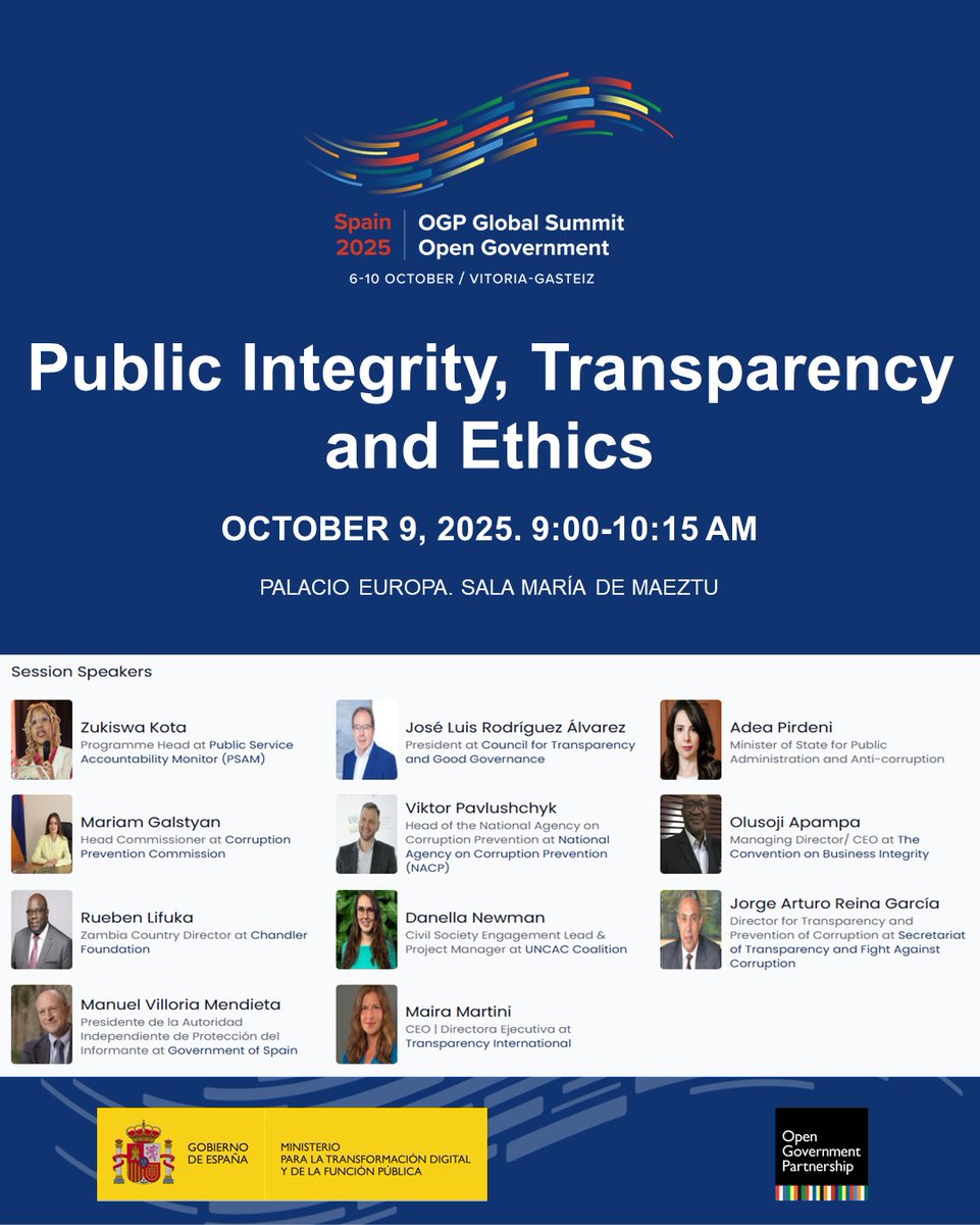 ConsejoTBG's tweet photo. El presidente del Consejo, José Luis Rodríguez, interviene mañana en la cumbre de Gobierno Abierto #OGP2025 en el panel de alto nivel "Integridad, transparencia y ética públicas".
🗓️9 octubre
🕑9 h
📍Palacio Europa
#OCGSummit #OGP #transparencia https://t.co/TIoWAG8UOX