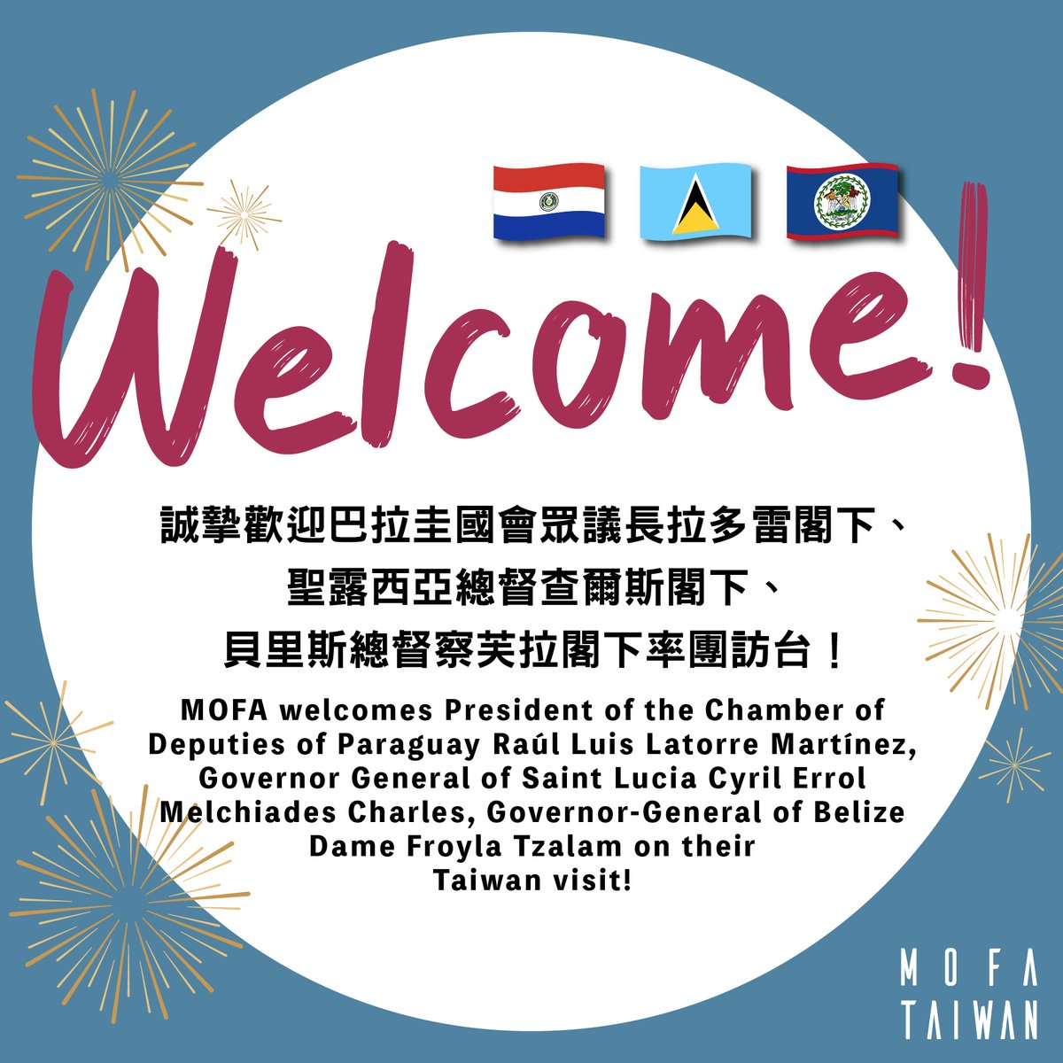 MOFA_Taiwan's tweet image. We welcome distinguished guests #Paraguay🇵🇾Chamber of Deputies President Raúl Latorre, #SaintLucia🇱🇨 Gov. Gen. Errol Charles &amp;amp; #Belize🇧🇿 Gov. Gen. Froyla Tzalam to attend #Taiwan's🇹🇼 114th National Day. Together with our allies, we celebrate democracy, freedom &amp;amp; shared values.