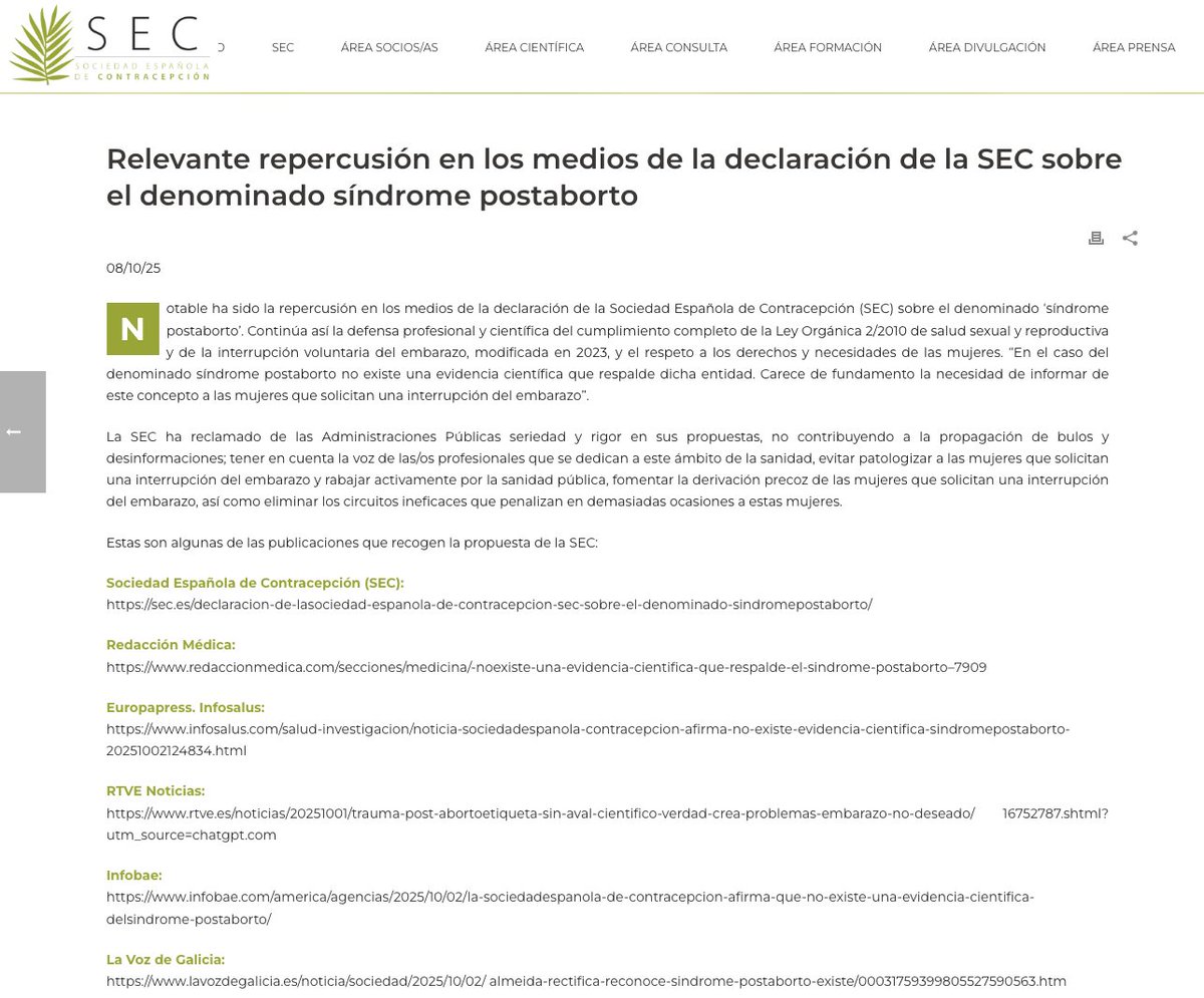 Relevante repercusión en los medios de la declaración de la SEC sobre el denominado síndrome postaborto.

sec.es/relevante-repe…