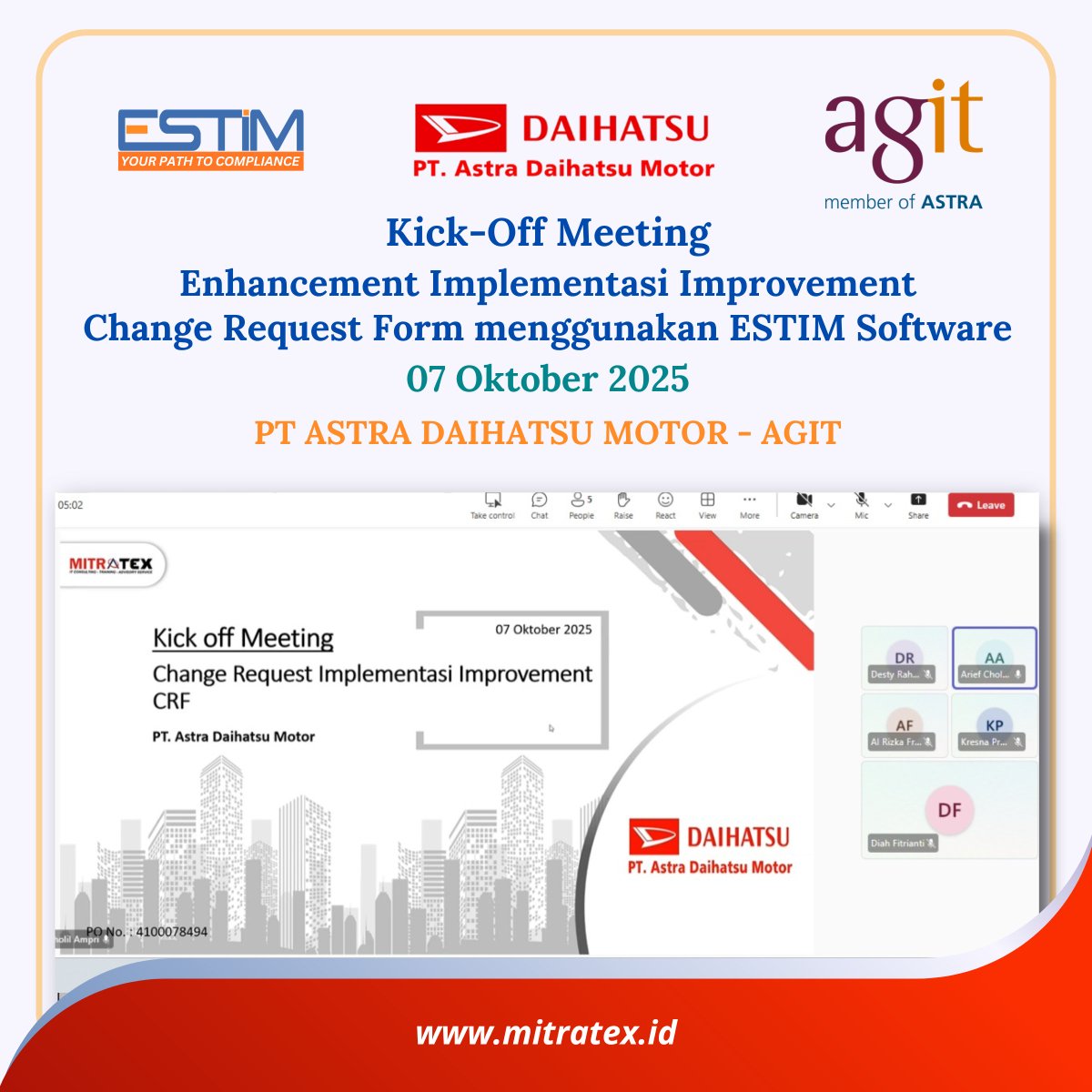 mitratexID's tweet image. Didukung oleh PT. Mitratex Konsultan dan @estimID 

#ESTIM #ESTIMSoftware #ESTIMITSM #ITServiceManagement #ProjectKickOff #DigitalTransformation #Mitratex #YourCompliancePartner

🌐 estim-software.com
📧 mitratex.info@mitratex.com
📱 +62-812 9064 8270
☎ +62-21 3880 8239