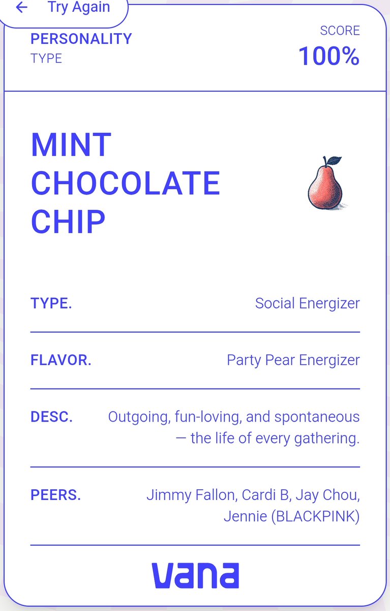 patchenko1632's tweet image. If I was an Ice Cream Flavour, I&apos;d be Mint Chocolate Chip, Outgoing, fun loving, and spontaneous the life of every gathering.
Taste your data: app.vana.com #datarevolution @vana