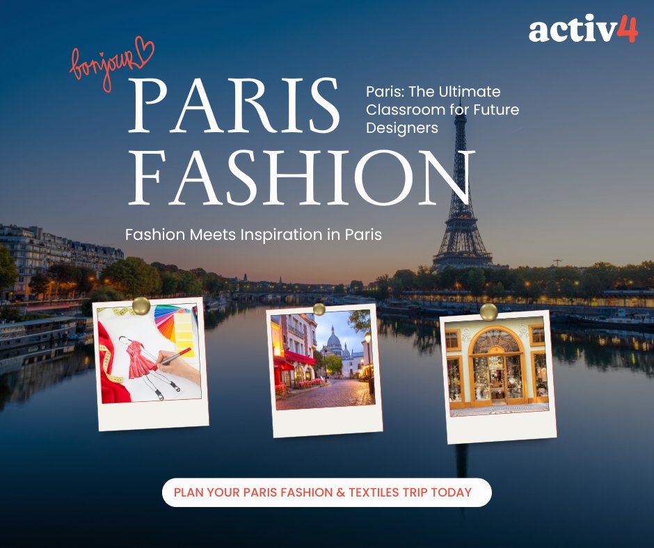 From haute couture to hands-on workshops, Paris is where fashion education comes alive.
Inspire your future designers with a Fashion &amp; Textiles trip to Paris. 
Find out more 👉activ4.com/request-a-quot…
#ParisFashionWeek #SchoolTrips #BeyondTheClassroom