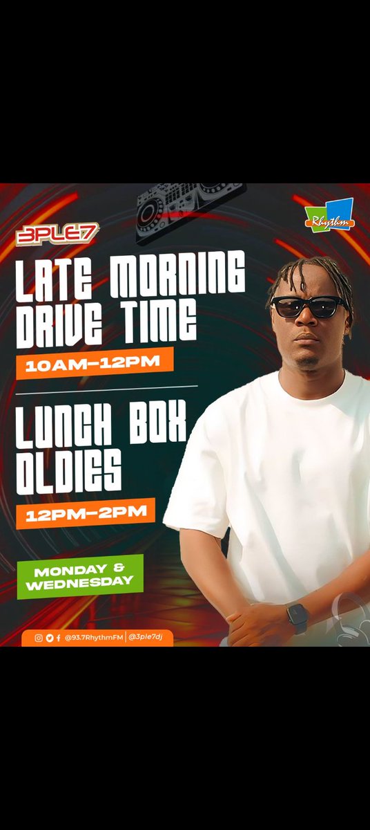 937RhythmFm's tweet photo. The airwaves just got a little hotter ๐ฅ Itโs the Late Morning Drive Time Show with @3ple7Dj smooth transitions, silky vibes, and that irresistible mid-morning rhythm.
Let the music touch your mood, tease your senses, and take you where words canโt ๐๐ถ
#LateMorningDriveTimeShow #3ple7Dj #ThaVaccineDj #SmoothVibes