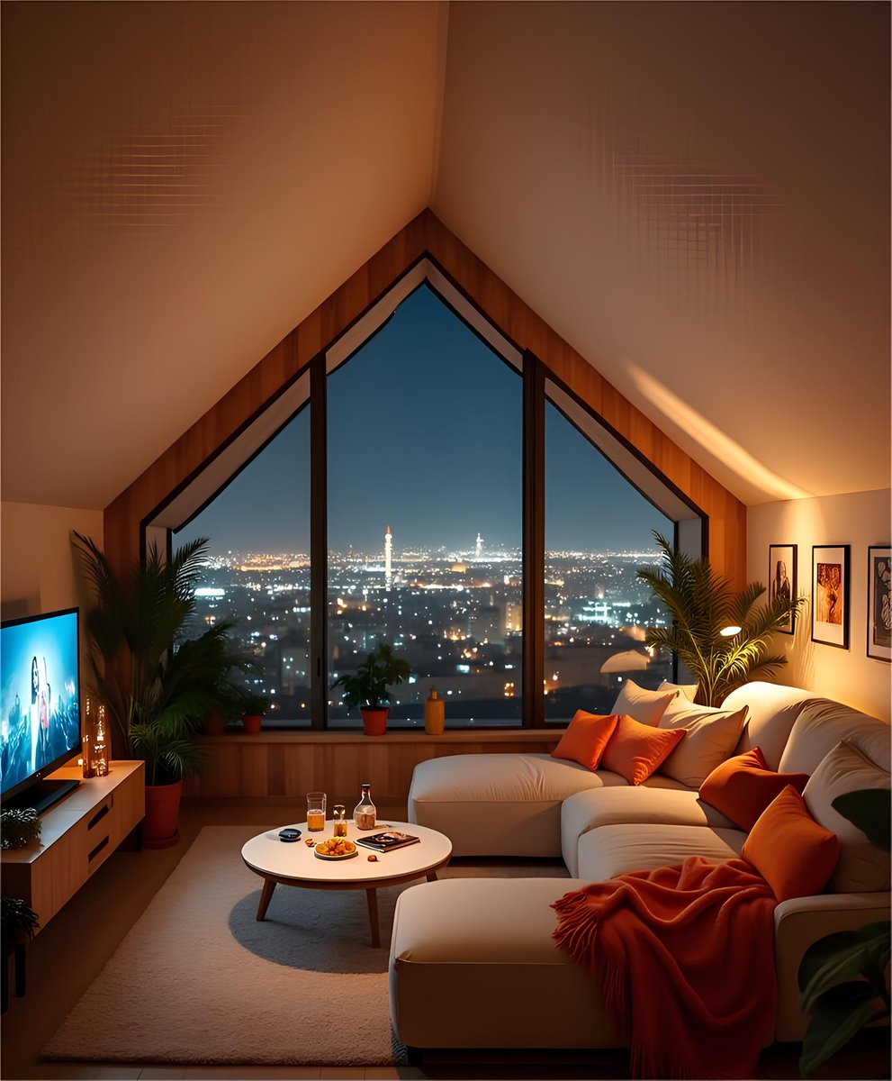aucw2's tweet photo. The movie’s on, snacks are ready, and the city lights sparkle like stars outside. 🍷That’s what a perfect weekend night feels like.

#cozyhome #livingroomdecor #relaxmode https://t.co/Z62pkLdiYM