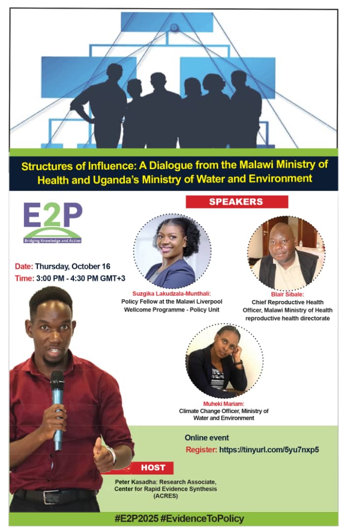 Unlock Evidence-Informed Policymaking in Africa!

Join @ACRES_RRS' webinar: "Structures of Influence" to explore institutional design in government.

Hear from Malawi's Ministry of Health and Uganda's Ministry of Water and Environment on what works and what doesn't.

When: Oct…