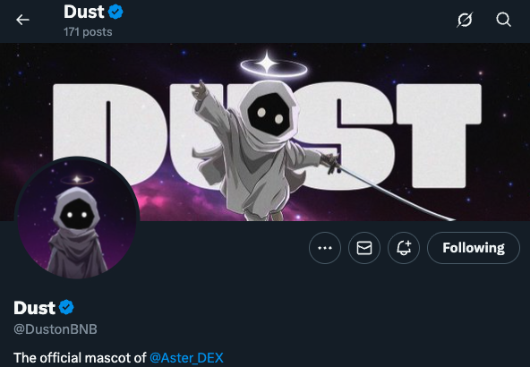 $DUST just listed on Aster SPOT, one of the first meme tokens to make it to Aster DEX! 

It proudly calls itself : "The official mascot of <a href="/Aster_DEX/">Aster</a>" 

 Aster’s market cap at $3.4B (FDV $16B) and its mascot $DUST sitting at only $16M, the upside potential here is absolutely