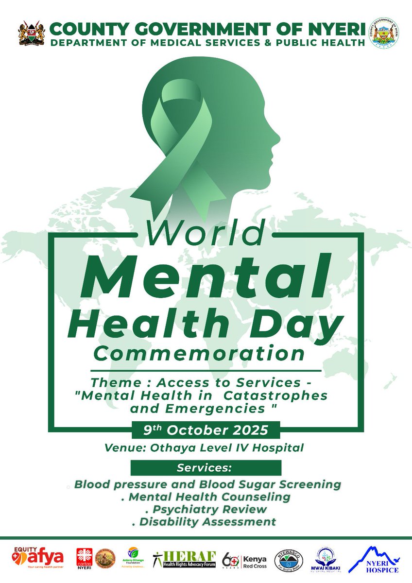 Tomorrow we meet in Othaya...
Let’s talk mental health, access to care, and how we can show up for one another. #WorldMentalHealthDay 
<a href="/HERAF_Kenya/">HERAF_Kenya</a> <a href="/willymwangi_KE/">Wilfred Mwangi</a> <a href="/Nance_K_/">Tiggy Skibbles matters!</a> <a href="/County19Nyeri/">County Government of Nyeri</a> <a href="/JILLKUI/">JILL 😊</a> <a href="/Switchkenya/">IAmSwitchKenya</a> <a href="/ItsShiruh/">Shii Lilian</a>