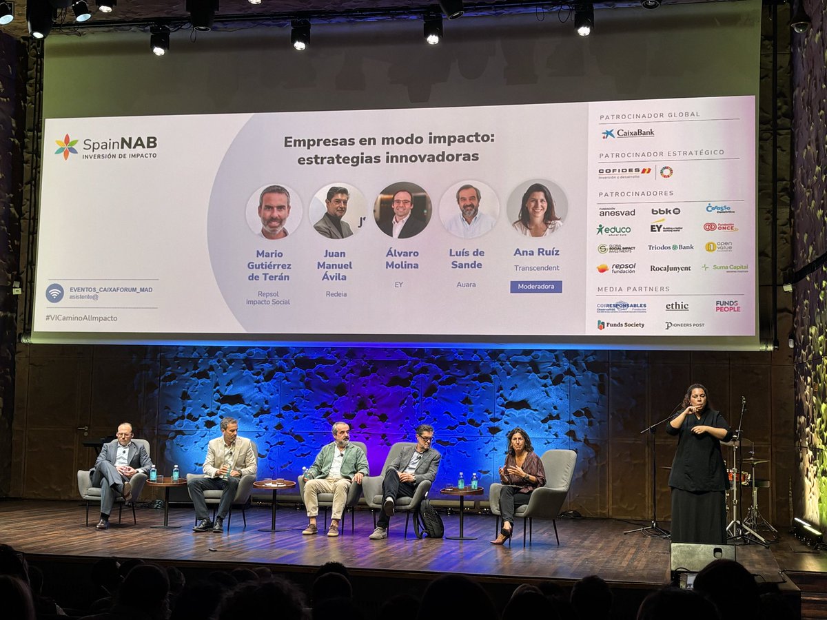 Mesa “Empresas en modo impacto: estrategias innovadoras” con
✅ Ana Ruiz <a href="/Transcendent_es/">Transcendent</a> 
✅ Luis de Sande <a href="/AUARA_H2O/">AUARA_H2O</a> 
✅ Juan Manuel Ávila <a href="/RedeiaCorp/">Redeia</a> 
✅ Álvaro Molina <a href="/EY/">EY</a>
✅ Mario Gutiérrez de Terán <a href="/FundacionRepsol/">Fundación Repsol</a> 
#CaminoalImpacto