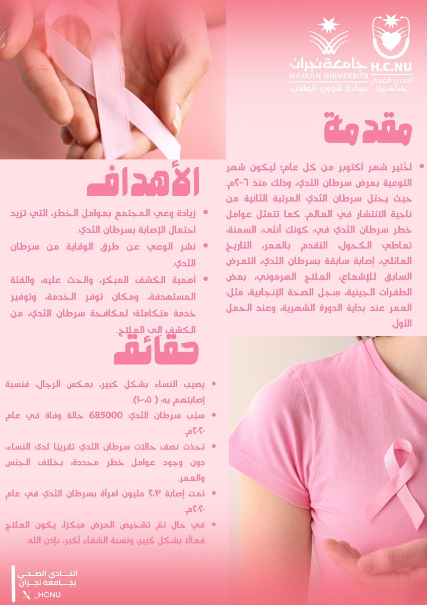 في شهر أكتوبر نتحد لرفع الوعي بأهمية الفحص المبكر لسرطان الثدي 👩🏻‍⚕️

خطوة بسيطة قد تصنع فرقًا كبيرًا في حياتك 
افحصي.. واطمئني.. وكوني بخير دائمًا 🌸

#سرطان_الثدي
 #النادي_الصحي_بجامعة_نجران