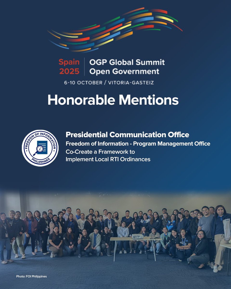 The Philippines continues to make its mark on the global open government stage as several Philippine initiatives were recognized at the Open Gov Challenge Awards during the 2025 OGP Global Summit in Vitoria-Gasteiz, Spain.

Read full post here: facebook.com/opengovPH

#OpenGovPH
