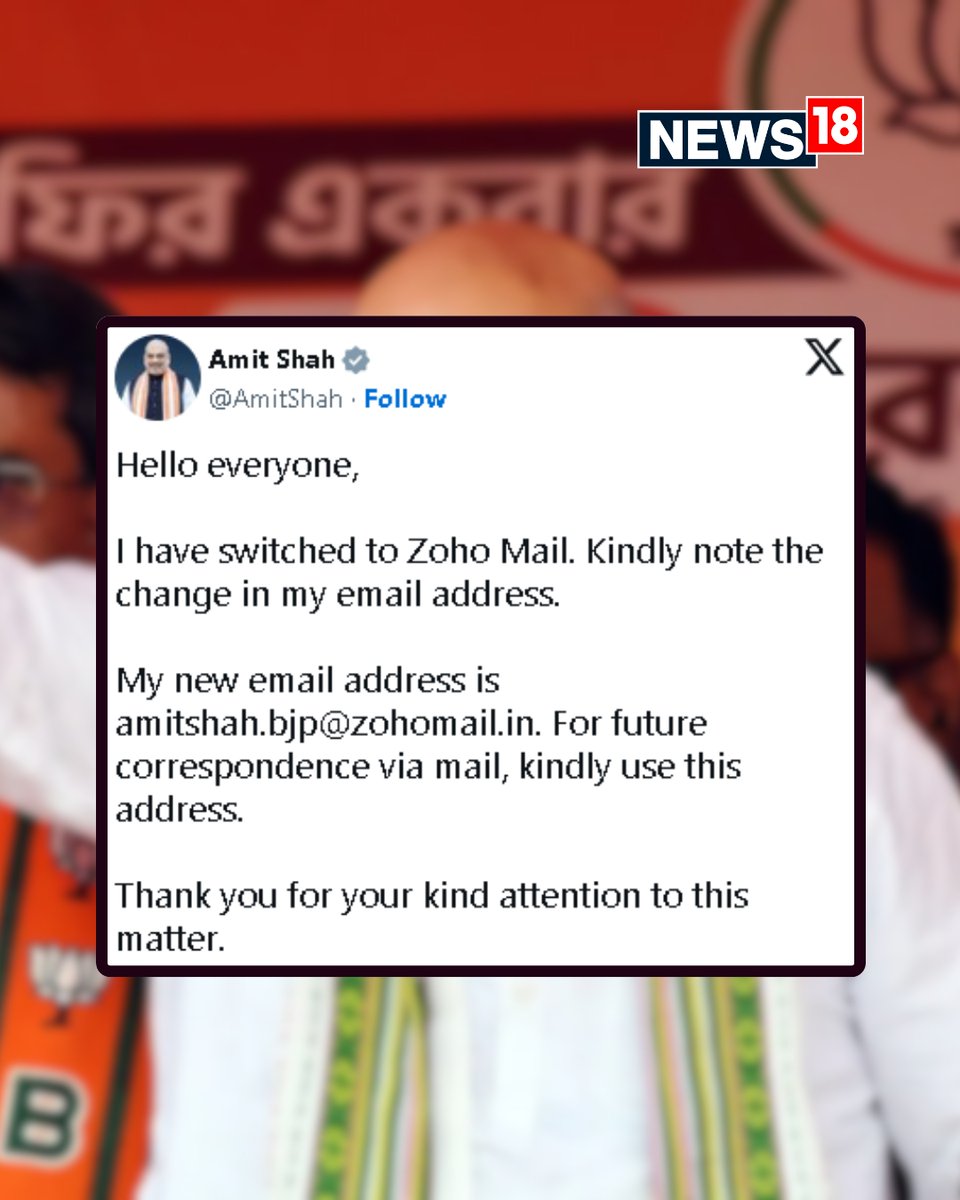 CNNnews18's tweet image. Home Minister Amit Shah has shifted to made in India Zoho Mail which is getting a lot of attention after calls from PM Modi to use Swadeshi apps
#AmitShah #indian #PMModiji #Zoho #ZohoMail
news18.com/tech/i-have-sw…