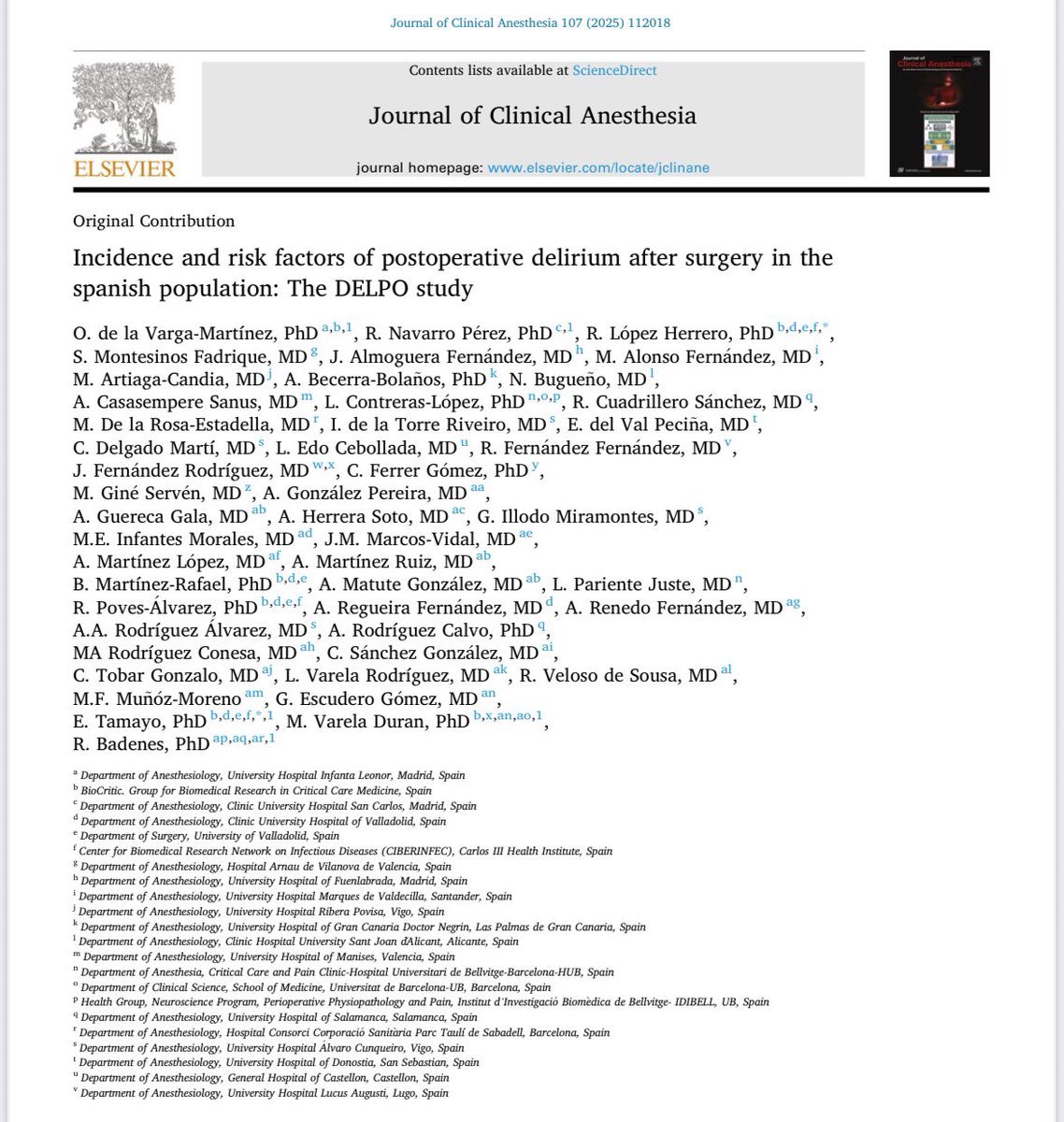 🧠Nuevo estudio sobre delirium postoperatorio en España : +2400 pacientes, 43 hospitales. Se identifican incidencia y factores de riesgo. Clave: detección precoz y estrategias personalizadas. Con la participación de <a href="/AnestesiaHCUV/">ANESTESIA HCUV</a>. ¡Enhorabuena equipazo!

sciencedirect.com/science/articl…