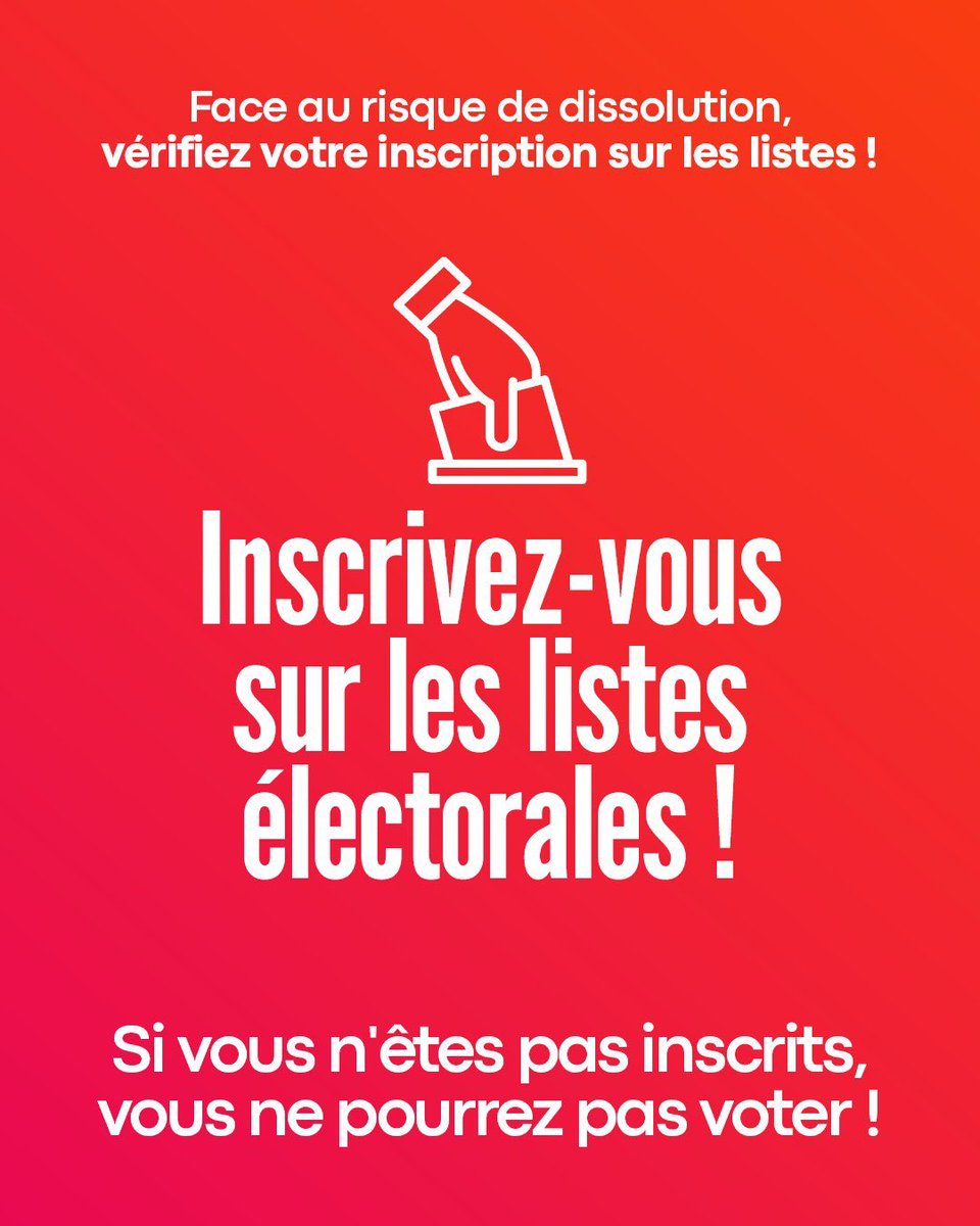 ⚡ Nous risquons fortement une dissolution 🗳️

Prenez une minute pour vérifier votre inscription sur les listes électorales : c’est le moment d’être prêts à voter !

➜ C'est par ici : urlr.me/XMB7FQ 

 #dissolution