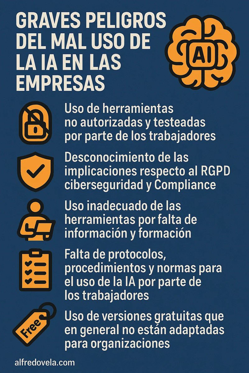 ¡NOVEDAD!
Son muchas las bondades y aplicaciones de la inteligencia artificial en las organizaciones, pero ¿has pensado en los riesgos? Os dejo con una infografia con "5 Graves peligros del mal uso de la IA en las empresas". ¿Qué otros añadirías? Espero vuestros comentarios.