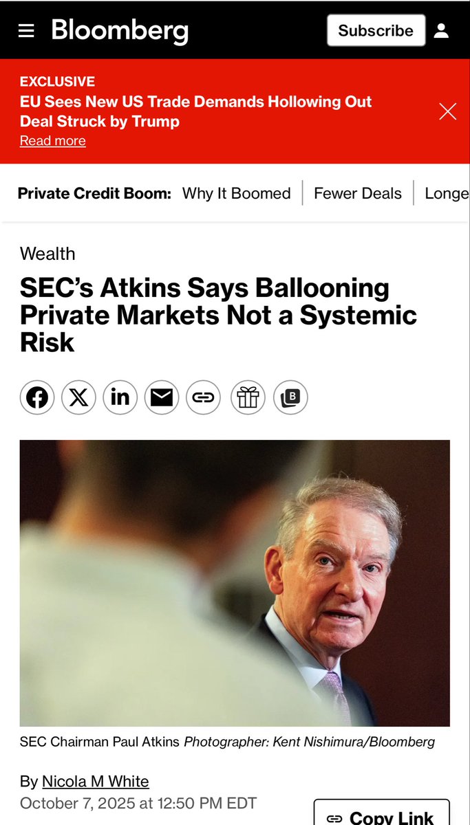 Despite the many warnings in recent years about the hidden risks in the largely unregulated trillion dollar private credit market - the SEC Chairman isn't worried????

And now they have access to 401k's and pensions - what could possibly go wrong?? 

"The head of the US