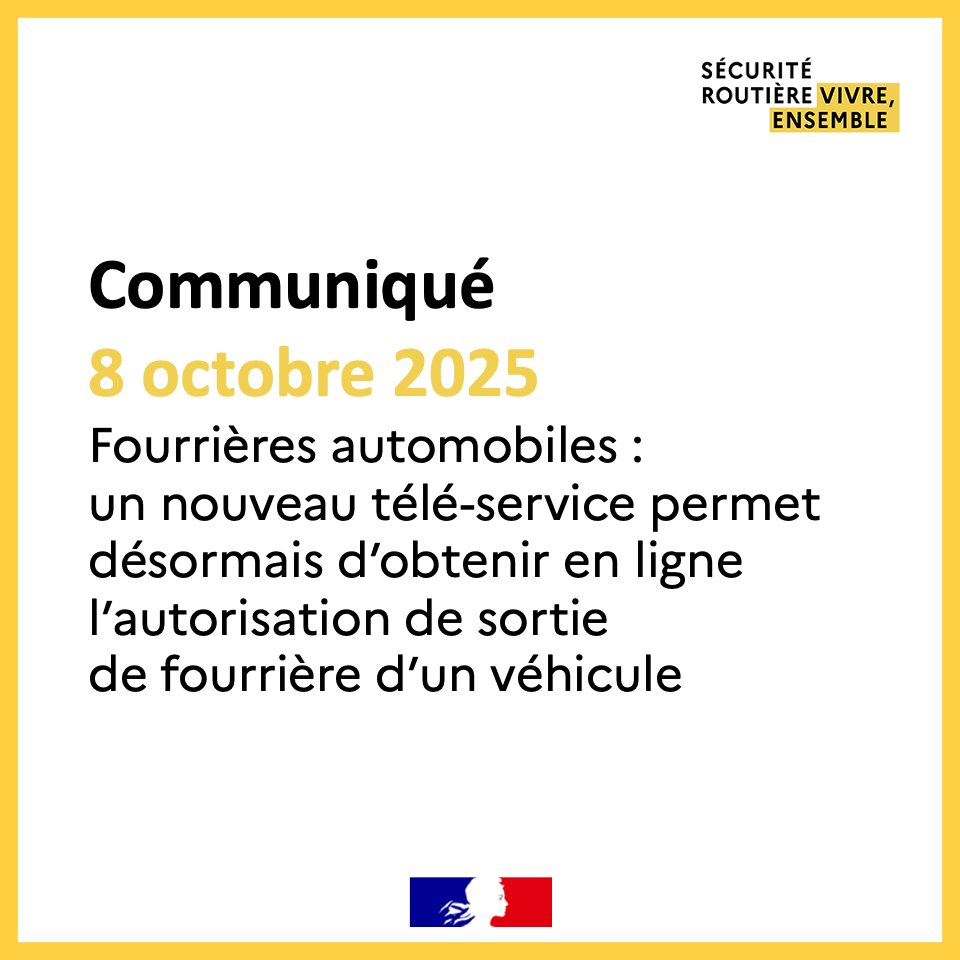 #Communiqué |
Accessible via FranceConnect, il permet aux usagers de télécharger l'autorisation de sortie de fourrière d’un véhicule qui est nécessaire à sa restitution, évitant de se déplacer dans les services de police ou de gendarmerie nationale 🚘

👉 urlr.me/JRs437