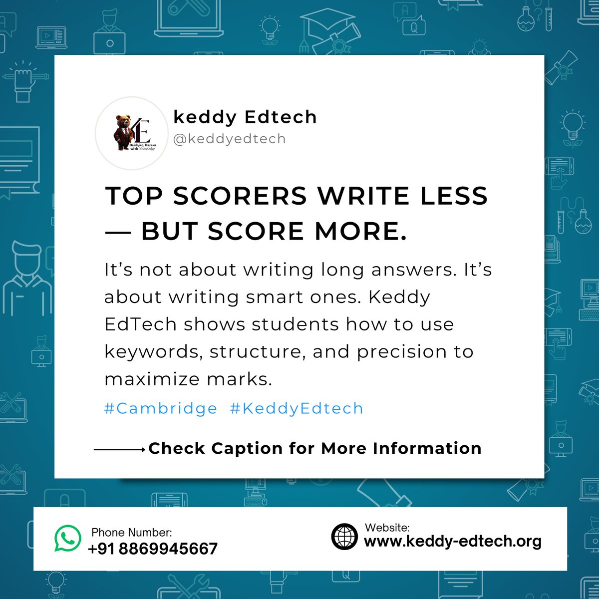 KeddyEdtech's tweet image. Top scorers write less—but score more.  It’s not about length. It’s about precision. Keddy EdTech trains students to write smart, structured answers that examiners reward.

🔗 keddy-edtech.org/learning-portal  #CambridgeExams #KeddyEdTech #SmartWriting #IGCSEPrep #StudyStrategy