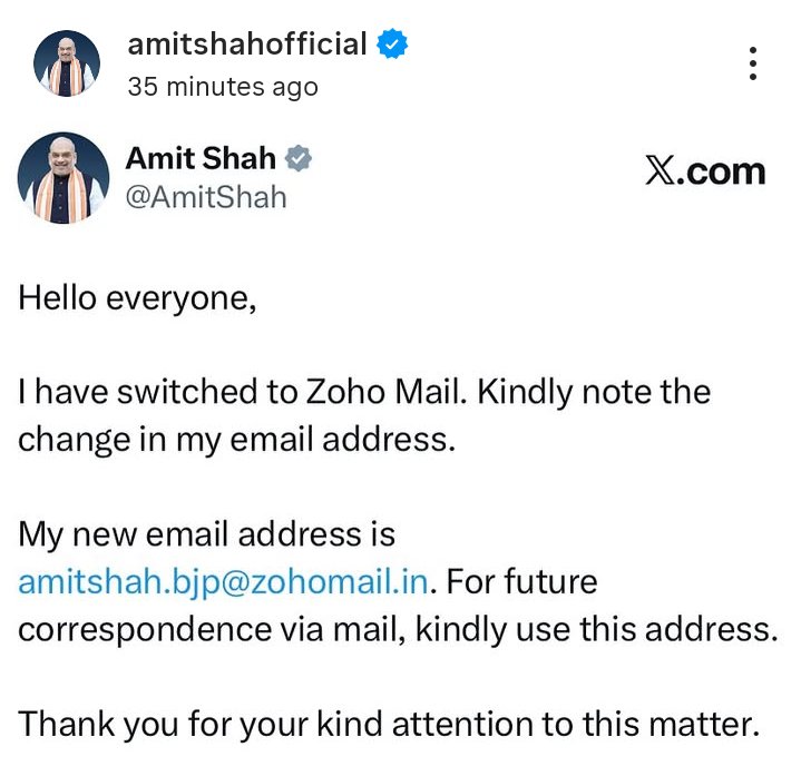 Roshni_Y32D63V's tweet image. गृह मंत्री अमित शाह जी ने अपनाया #zohomail, अब उनका आधिकारिक ईमेल आईडी होगा @zohomail.in पर।

भारतीय टेक कंपनी Zoho को मिला बड़ा सम्मान — &quot;Made in India&quot; को बढ़ावा देने का शानदार उदाहरण 🇮🇳
#AmitShah #DigitalIndia #MakeInIndia