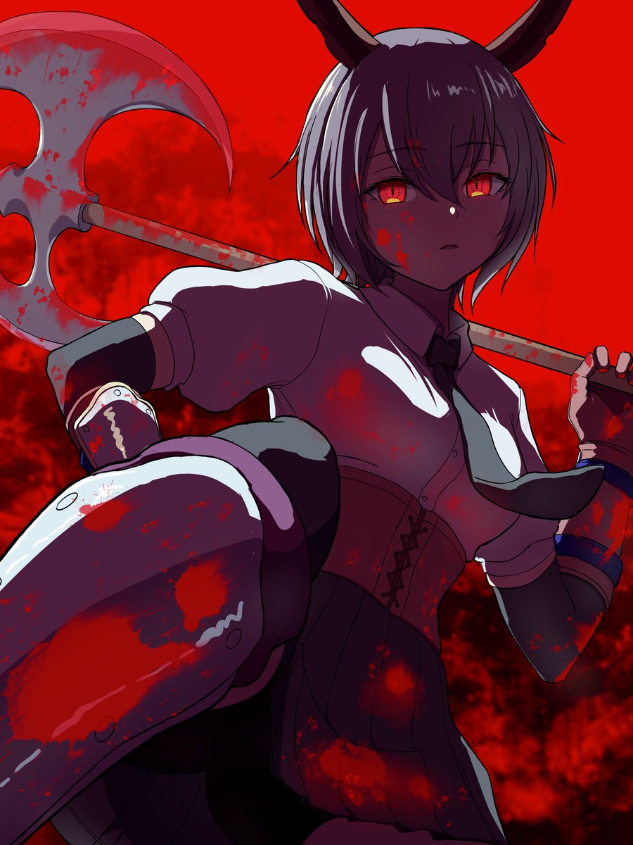 またまたかなり前に描かせていただいた兎娘のエリスというキャラです！

普段はにへら純粋活発少女ということらしいですが、武器が好きで、昔は傭兵で荒れた生活を送っていたことと、戦い方が凶暴で荒っぽいということで、紅くしましたｗ